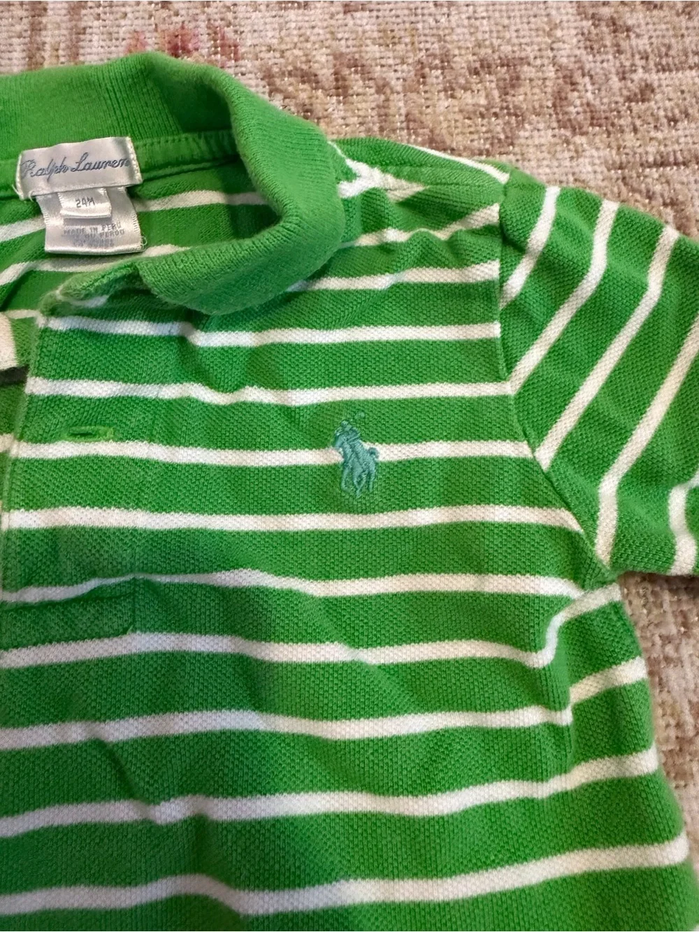Ralph Lauren Green & White Striped Polo with Blue Pony